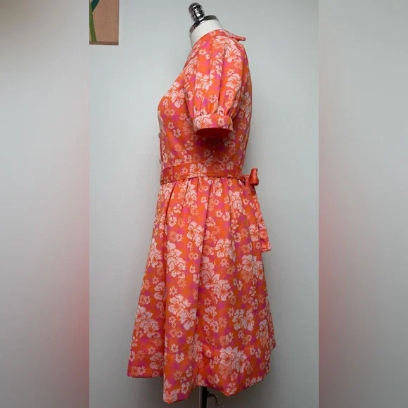 True Vintage 70s Orange Pink White Floral Puff Sleeve Collar Mini Dress Small